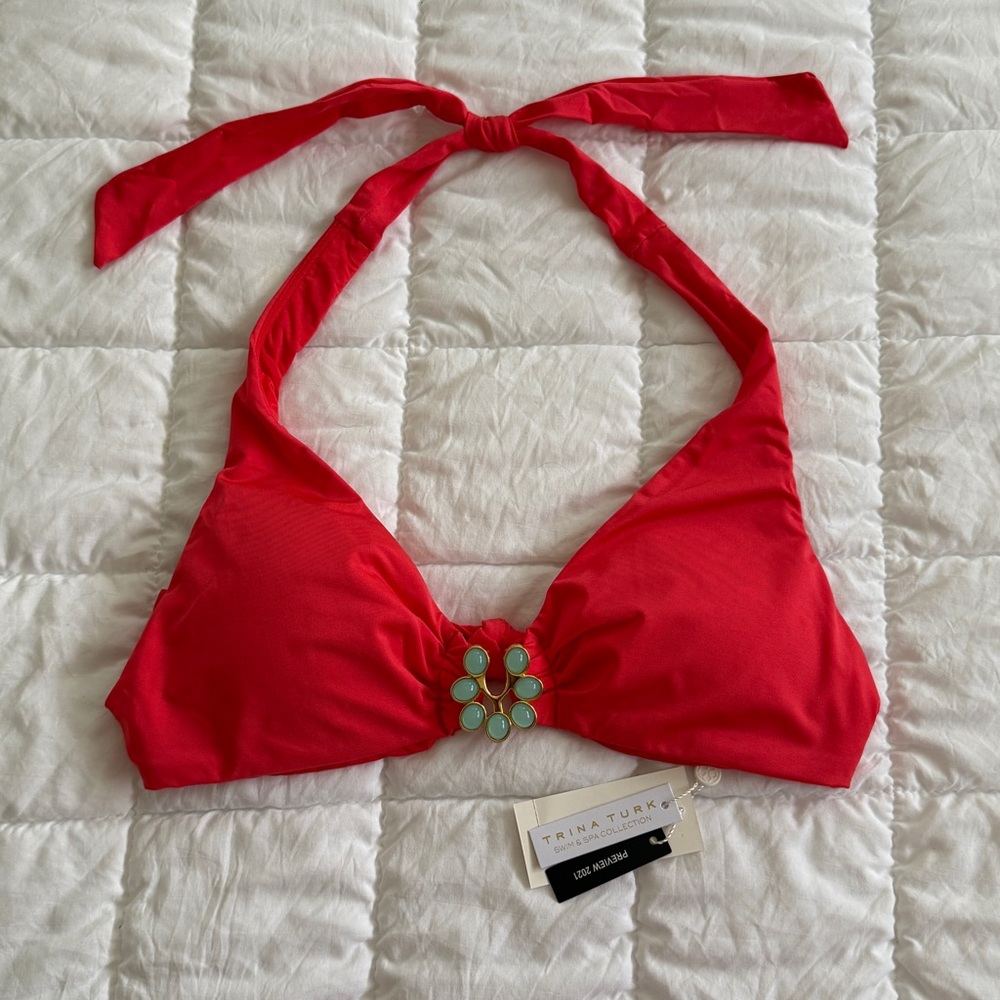 {Trina Turk} Red Poppy Standard Triangle Halter Hipster Bikini Swimsuit Top | M